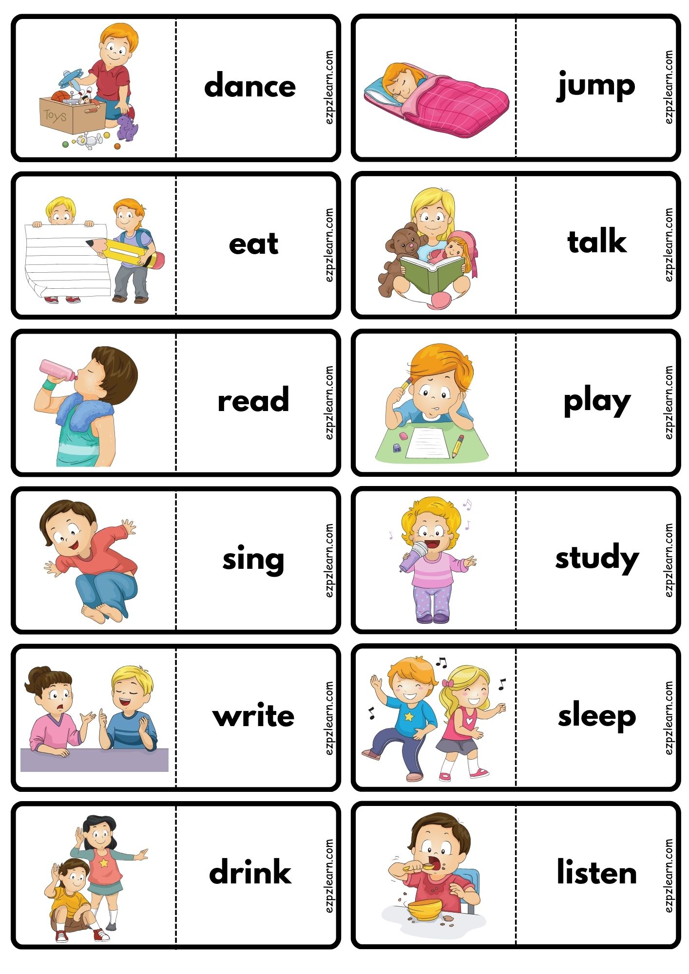 Action Verbs Dominoes Vocabulary Matching Game For Kids Free PDF ...